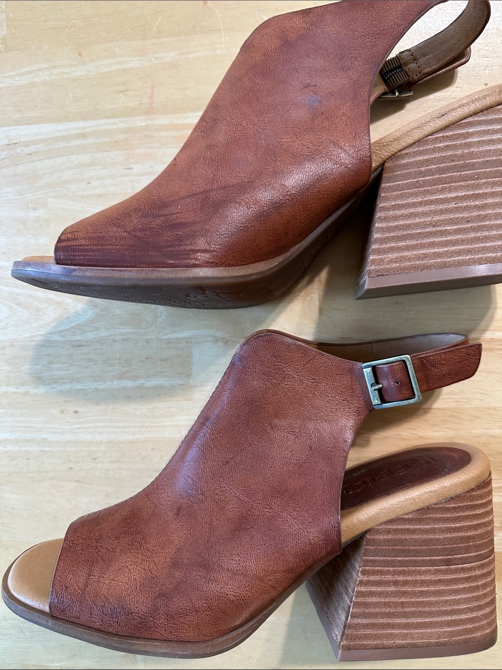 Korks Tan Brown Leather Peep-Toe Slingback Wedges - Picture 15 of 15
